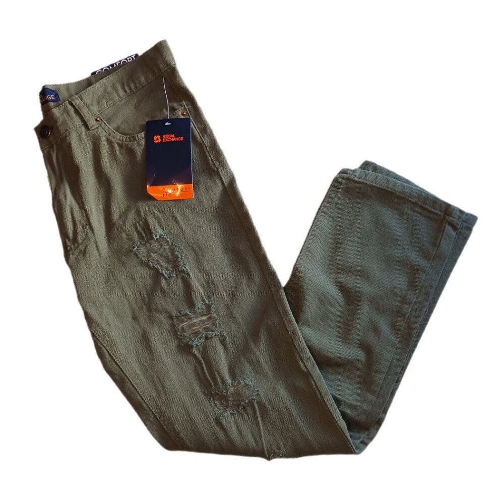 Regal Exchange Mens 34 x 30 Skinny Jeans Comfort Fit Distressed Green Jeans